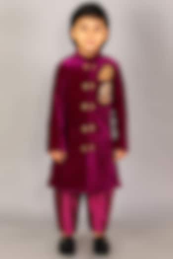 Purple Velvet Embroidered Bandhgala Set For Boys by The little tales at Pernia's Pop Up Shop
