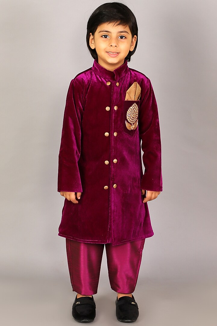 Purple Velvet Embroidered Bandhgala Set For Boys by The little tales at Pernia's Pop Up Shop