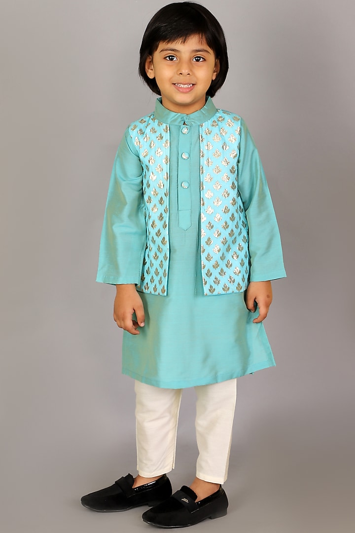 Blue Cotton Silk Kurta Set For Boys by The little tales at Pernia's Pop Up Shop