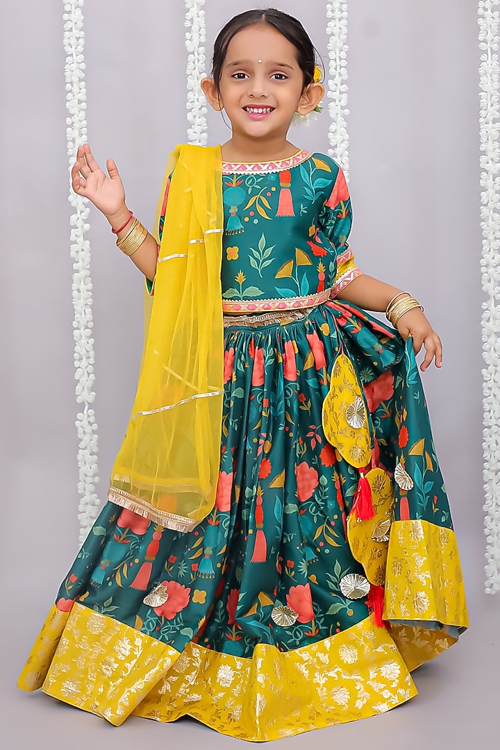 Green Cotton Silk Printed Lehenga Set For Girls by The little tales at Pernia's Pop Up Shop