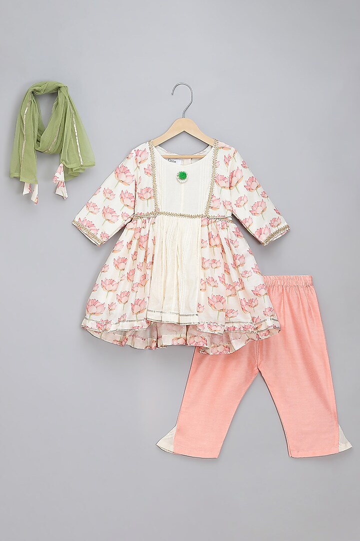 Off-White Cotton Silk Lotus Printed Kurta Set For Girls by The little tales at Pernia's Pop Up Shop