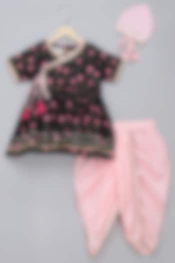 Black Cotton Silk Lotus Printed Angrakha Kurta Set For Girls by The little tales at Pernia's Pop Up Shop