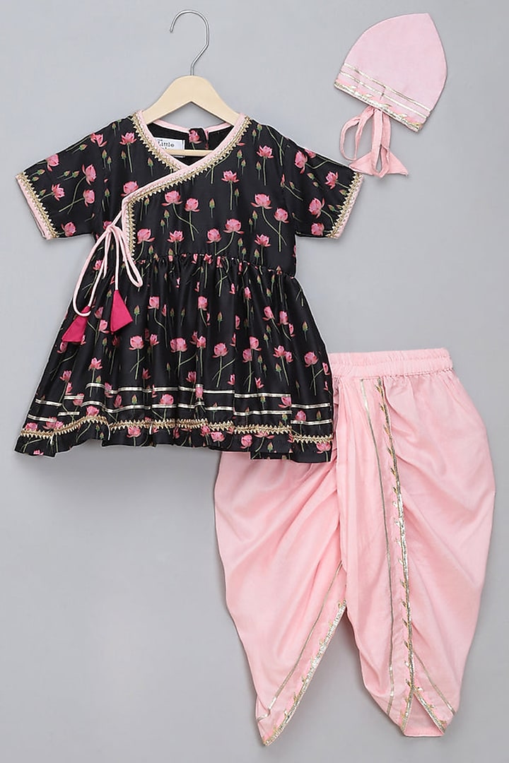 Black Cotton Silk Lotus Printed Angrakha Kurta Set For Girls by The little tales at Pernia's Pop Up Shop