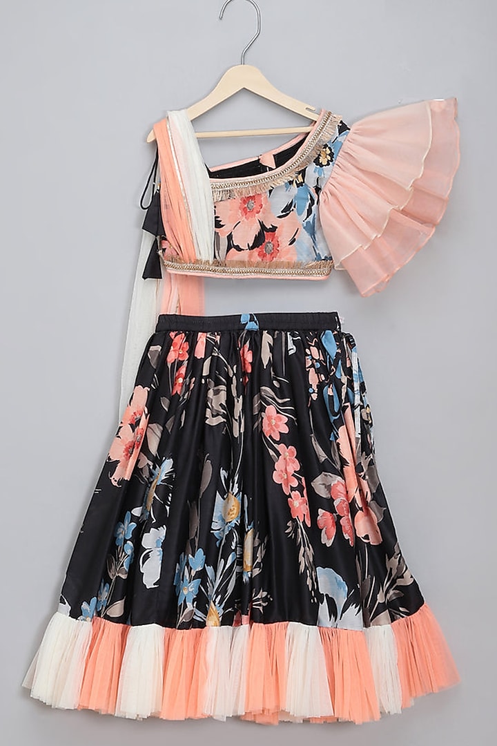 Black Organza Floral Printed Lehenga Set For Girls by The little tales at Pernia's Pop Up Shop
