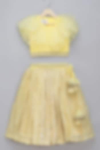 Lime Yellow Chanderi Frilled Lehenga Set For Girls by The little tales at Pernia's Pop Up Shop