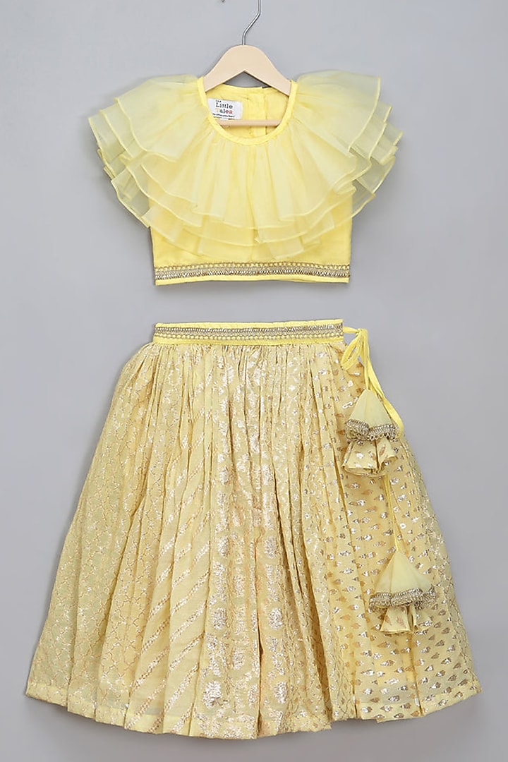 Lime Yellow Chanderi Frilled Lehenga Set For Girls by The little tales at Pernia's Pop Up Shop