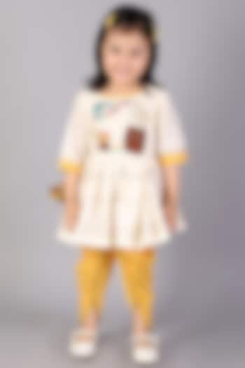 Off-White Cotton Silk Embroidered Angrakha Kurta Set For Girls by The little tales at Pernia's Pop Up Shop