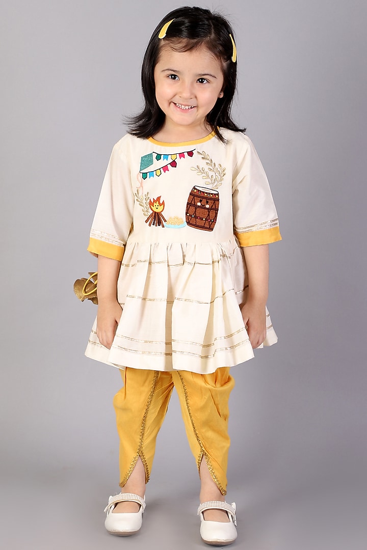 Off-White Cotton Silk Embroidered Angrakha Kurta Set For Girls by The little tales at Pernia's Pop Up Shop