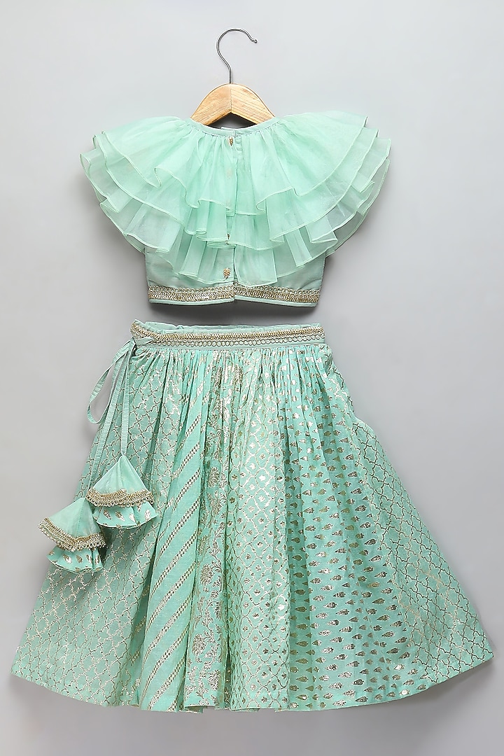 Pastel Green Chanderi Frilled Lehenga Set For Girls by The little tales at Pernia's Pop Up Shop
