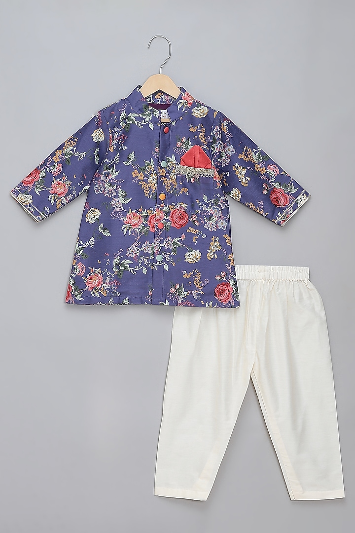 Off-White Cotton Silk Embroidered Angrakha Kurta Set For Boys by The little tales at Pernia's Pop Up Shop