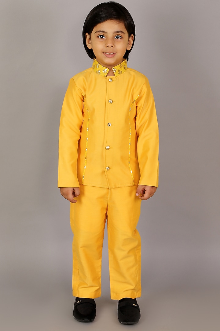 Mustard Yellow Cotton Silk Bandhgala Set For Boys by The little tales at Pernia's Pop Up Shop