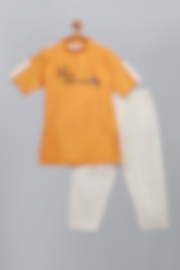 Orange Cotton Silk Embroidered Kurta Set For Boys by The little tales at Pernia's Pop Up Shop
