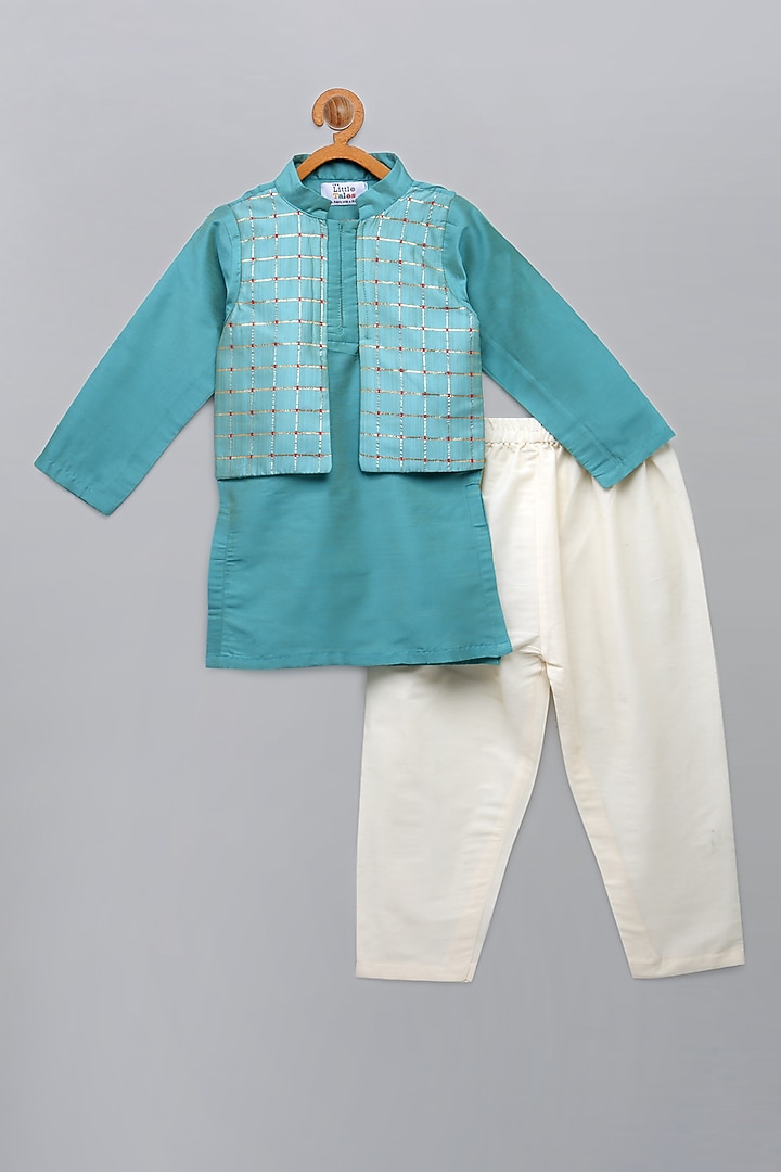 Blue Cotton Silk Kurta Set For Boys by The little tales at Pernia's Pop Up Shop