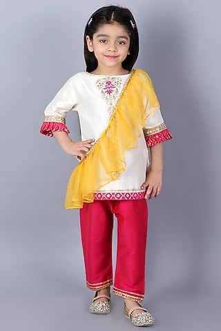 White Cotton Silk Embroidered Kurta Set For Girls by The little tales