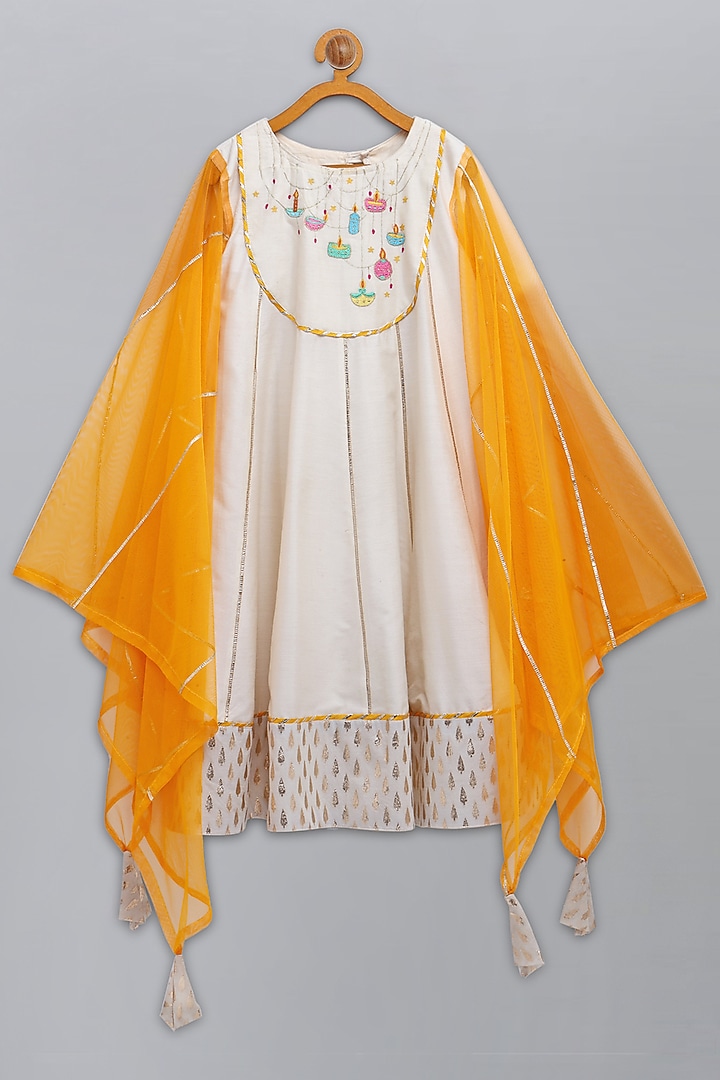 White & Orange Cotton Silk Embroidered Cape Anarkali by The little tales at Pernia's Pop Up Shop