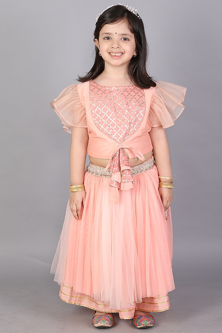 Peach Net Double-Layered Lehenga Set For Girls by The little tales at Pernia's Pop Up Shop