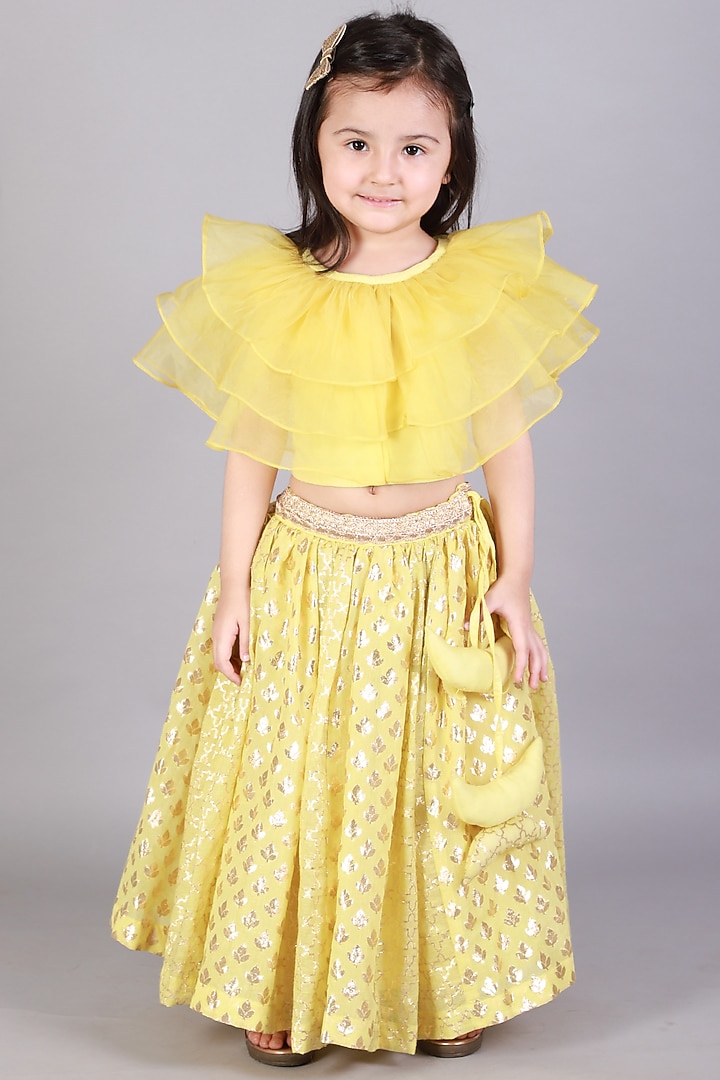 Lime Yellow Cotton Zari Embroidered Lehenga Set For Girls by The little tales at Pernia's Pop Up Shop