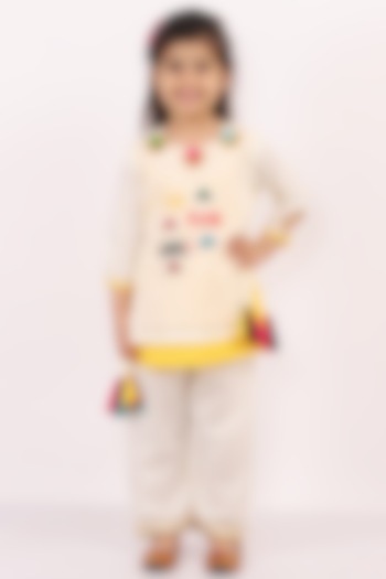 Off-White & Yellow Cotton Silk Embroidered Kurta Set For Girls by The little tales at Pernia's Pop Up Shop