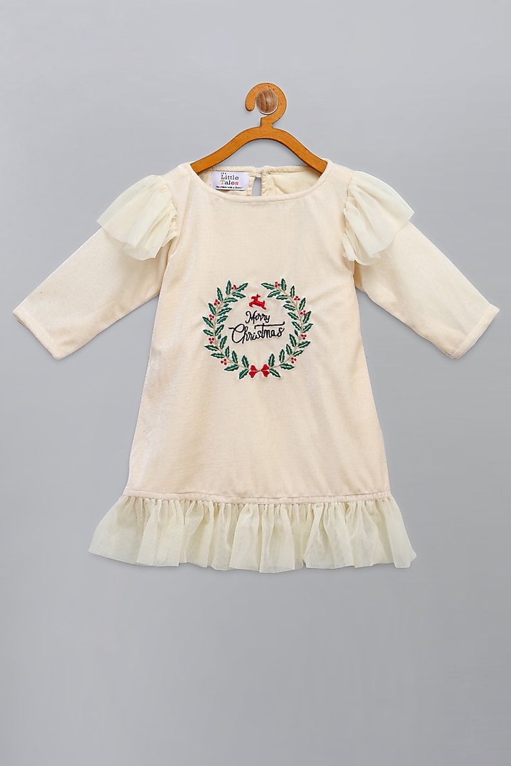Off-White Velvet Embroidered Dress For Girls by The little tales at Pernia's Pop Up Shop
