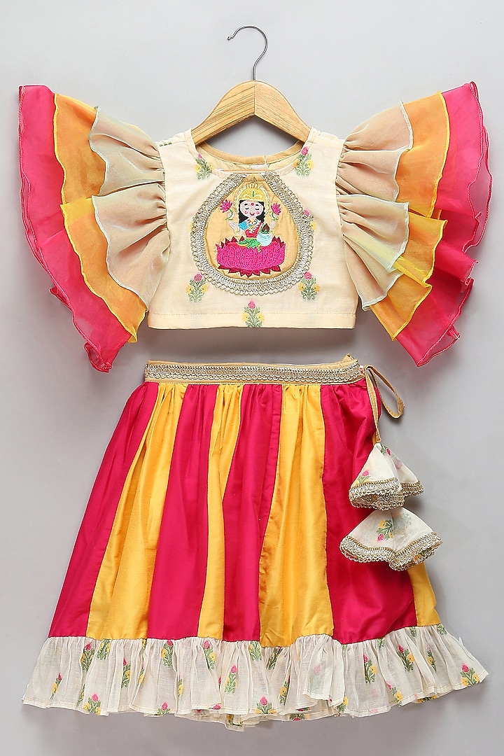 Beige & Yellow Organza Embroidered Dress For Girls by The little tales at Pernia's Pop Up Shop