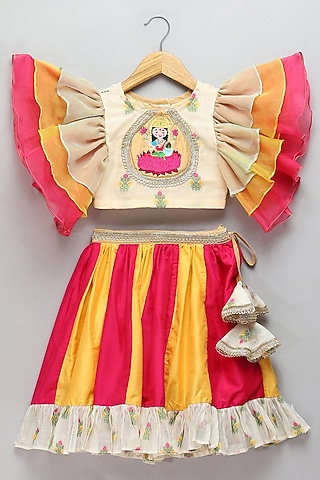 Beige & Yellow Organza Embroidered Dress For Girls by The little tales