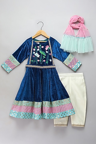Blue Velvet Embroidered Anarkali Set For Girls by The little tales