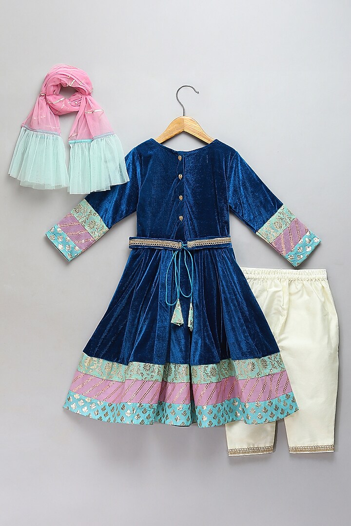 Blue Velvet Embroidered Anarkali Set For Girls by The little tales at Pernia's Pop Up Shop