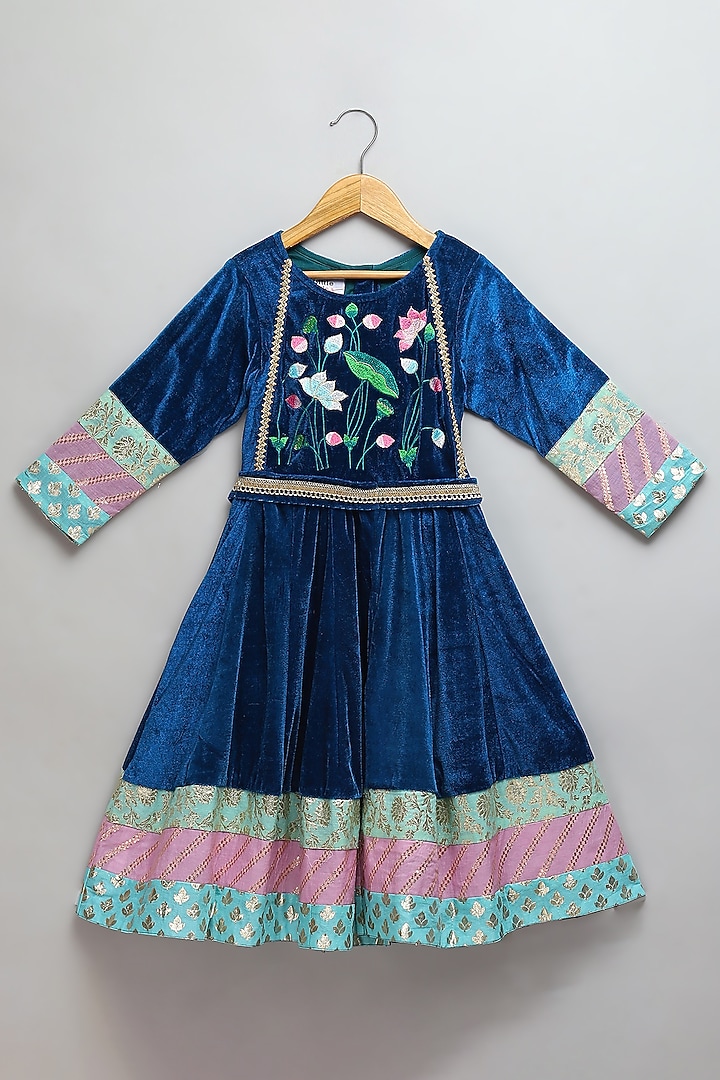 Blue Velvet Embroidered Anarkali Set For Girls by The little tales at Pernia's Pop Up Shop