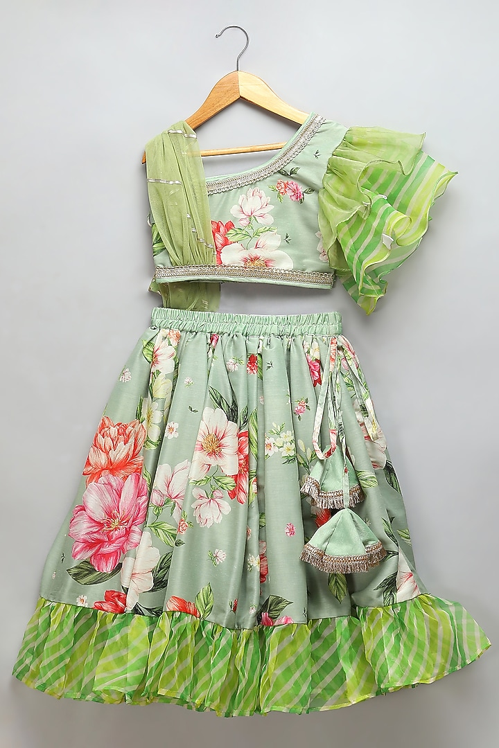 Green Organza Floral Printed Lehenga Set For Girls by The little tales at Pernia's Pop Up Shop