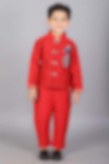 Red Cotton Silk Embroidered Bandhgala Set For Boys by The little tales at Pernia's Pop Up Shop