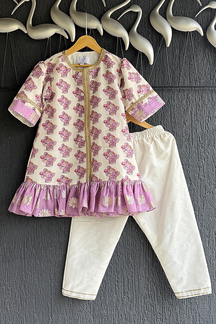 Purple Cotton Silk Printed Kurta Set For Girls by The little tales at Pernia's Pop Up Shop