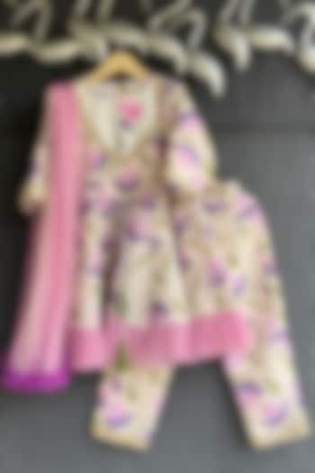 Purple & Off-White Cotton Silk Embroidered Kurta Set For Girls by The little tales at Pernia's Pop Up Shop