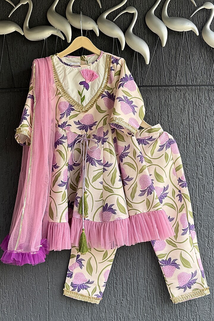 Purple & Off-White Cotton Silk Embroidered Kurta Set For Girls by The little tales at Pernia's Pop Up Shop