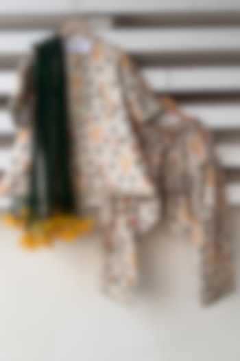 Golden & Green Cotton Silk Kurta Set For Girls by The little tales at Pernia's Pop Up Shop