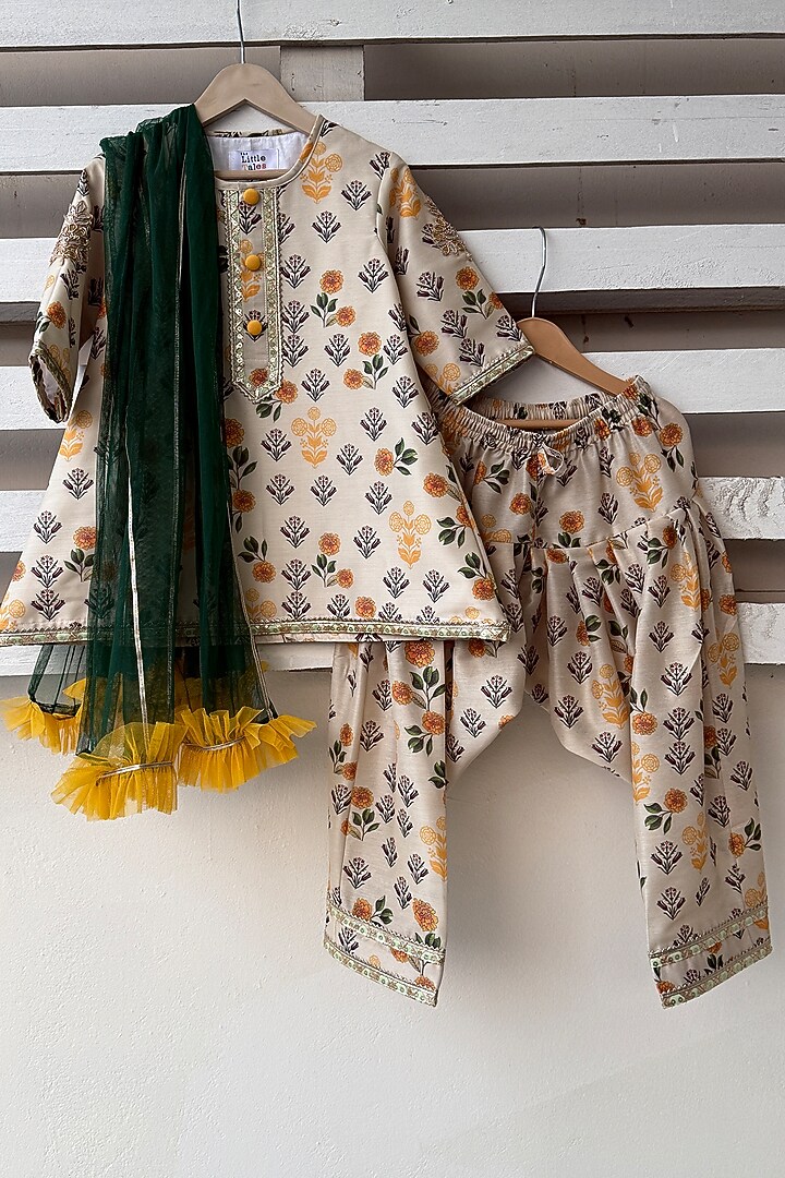 Golden & Green Cotton Silk Kurta Set For Girls by The little tales at Pernia's Pop Up Shop