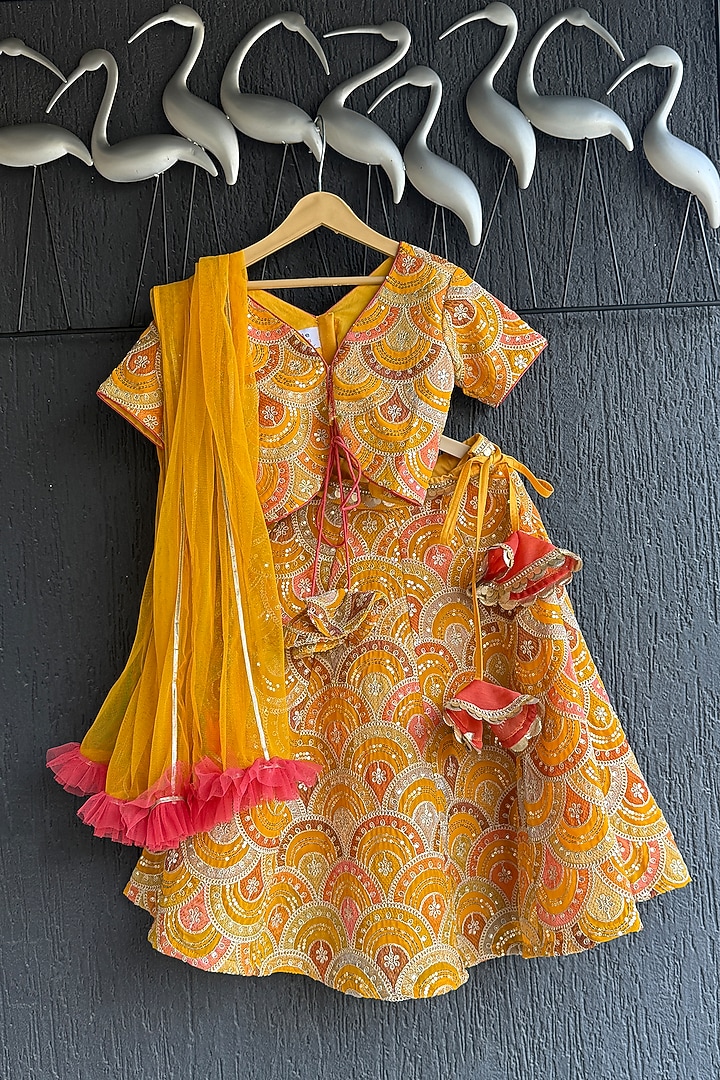 Mustard Yellow Cotton Silk Embroidered Lehenga Set For Girls by The little tales at Pernia's Pop Up Shop