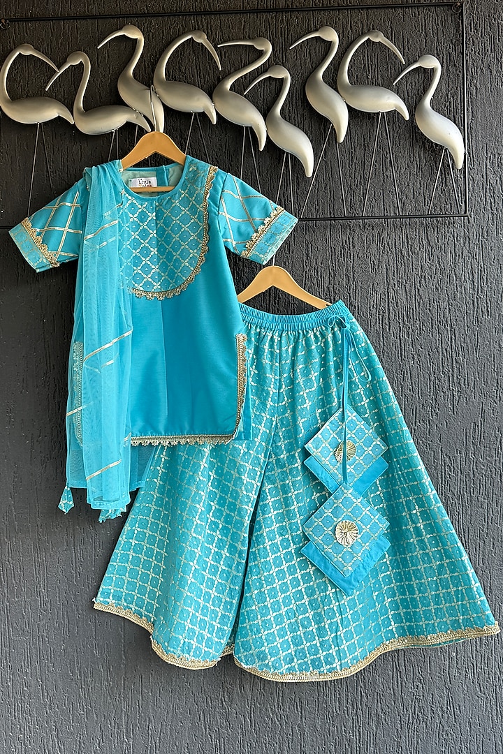 Blue Silk & Chanderi Sharara Set For Girls by The little tales at Pernia's Pop Up Shop