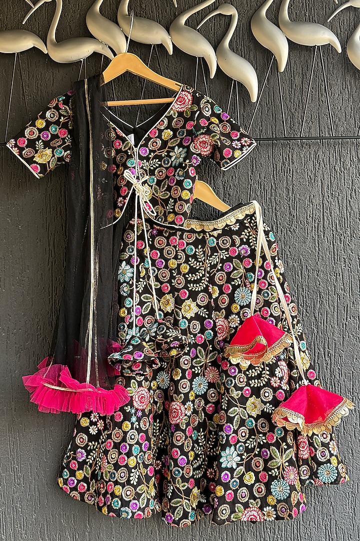 Black Cotton Linen Embroidered Lehenga Set For Girls by The little tales at Pernia's Pop Up Shop
