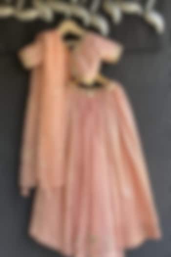 Peach Organza & Cotton Linen Lehenga Set For Girls by The little tales at Pernia's Pop Up Shop