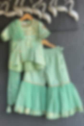 Green Chanderi Sharara Set For Girls by The little tales at Pernia's Pop Up Shop