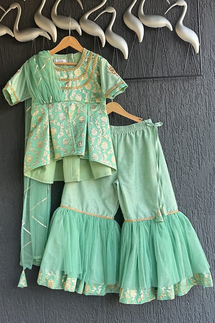 Green Chanderi Sharara Set For Girls by The little tales at Pernia's Pop Up Shop