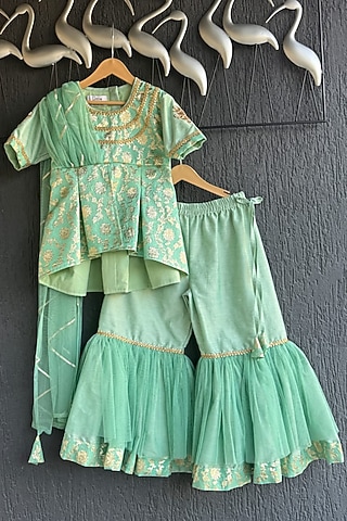 Green Chanderi Sharara Set For Girls by The little tales