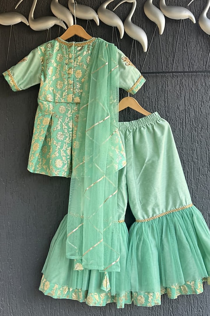 Green Chanderi Sharara Set For Girls by The little tales at Pernia's Pop Up Shop