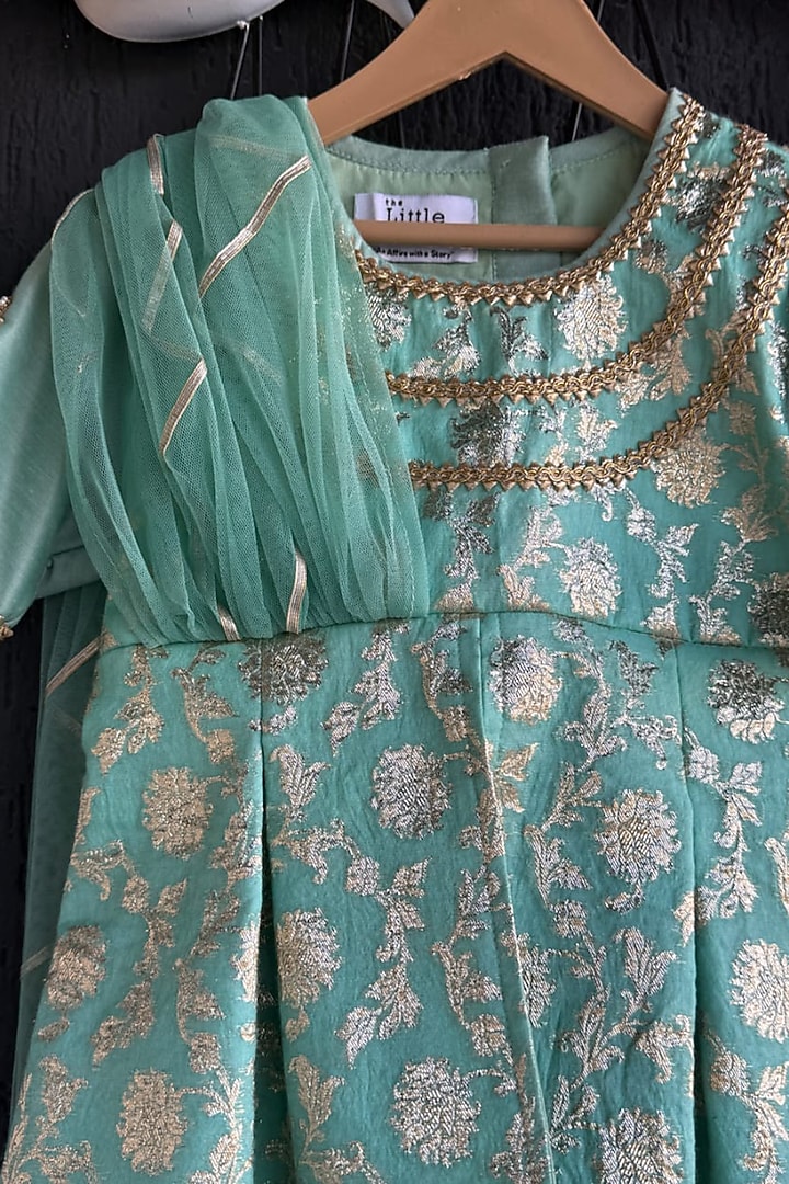 Green Chanderi Sharara Set For Girls by The little tales at Pernia's Pop Up Shop