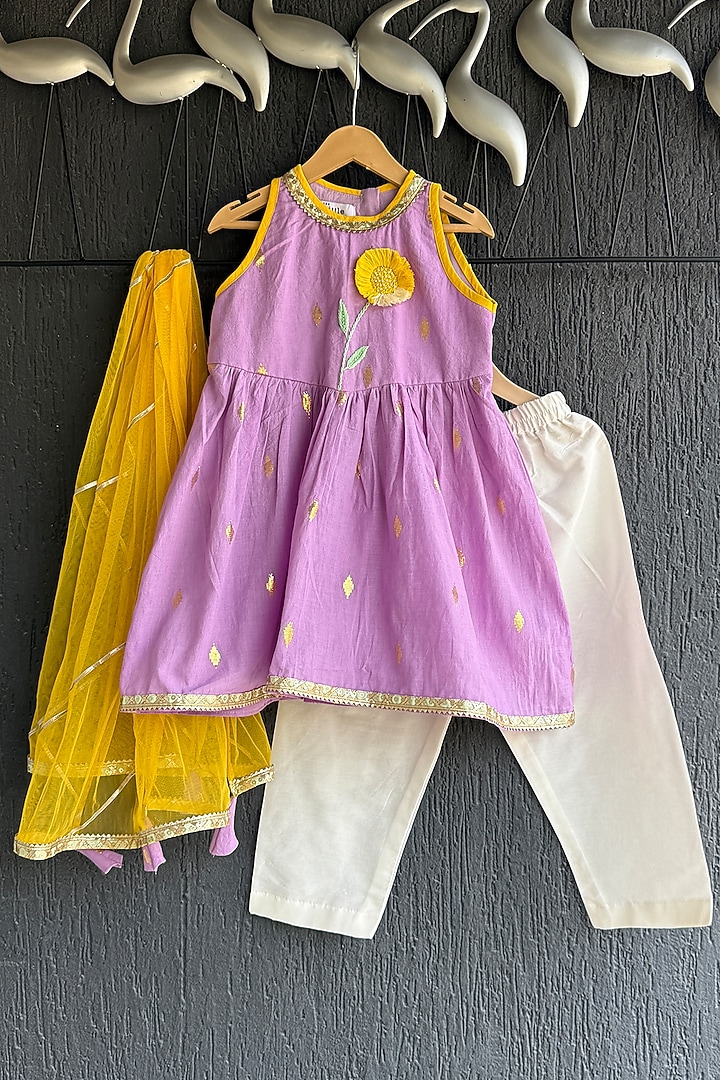 Purple Cotton Silk Embroidered Kurta Set For Girls by The little tales at Pernia's Pop Up Shop