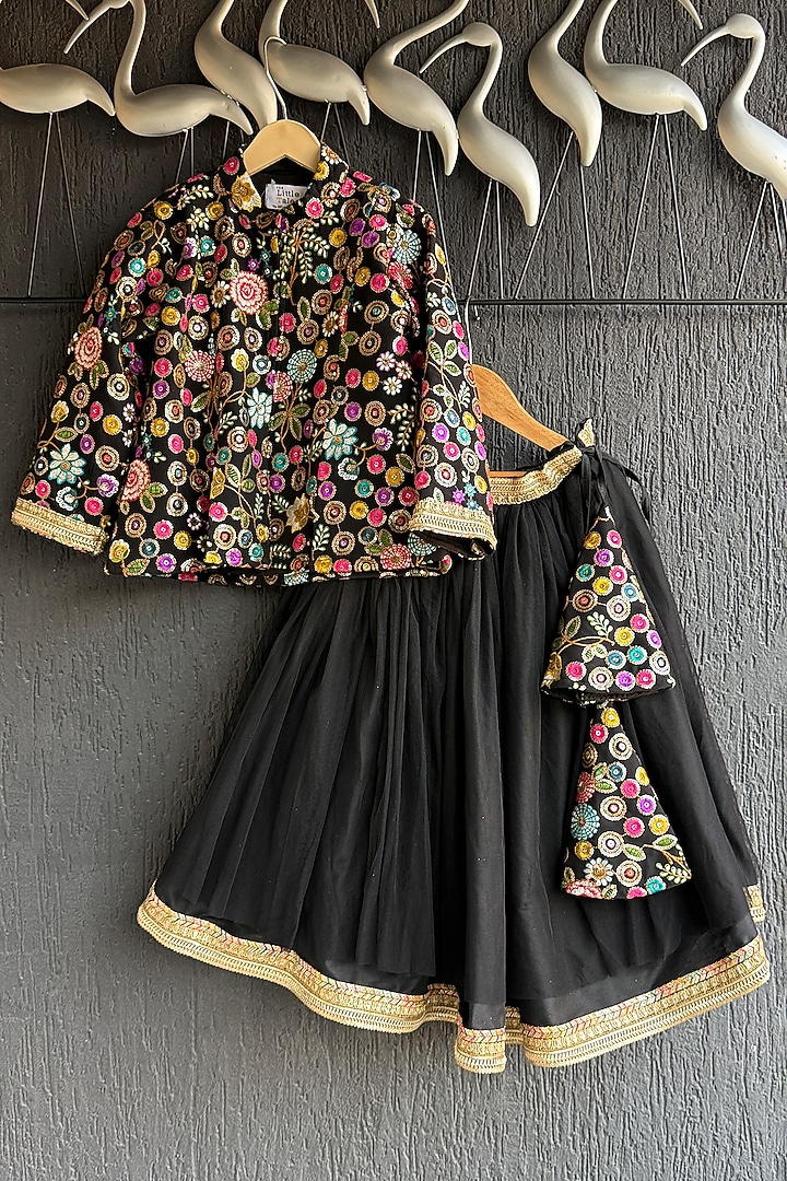Black Cotton Silk Embroidered Lehenga Set For Girls by The little tales at Pernia's Pop Up Shop