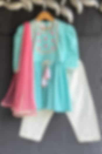 Blue & Cotton Silk Embroidered Kurta Set For Girls by The little tales at Pernia's Pop Up Shop