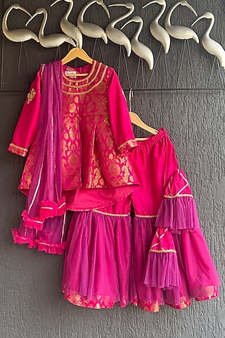 Fuchsia Pink Cotton Silk Sharara Set For Girls by The little tales