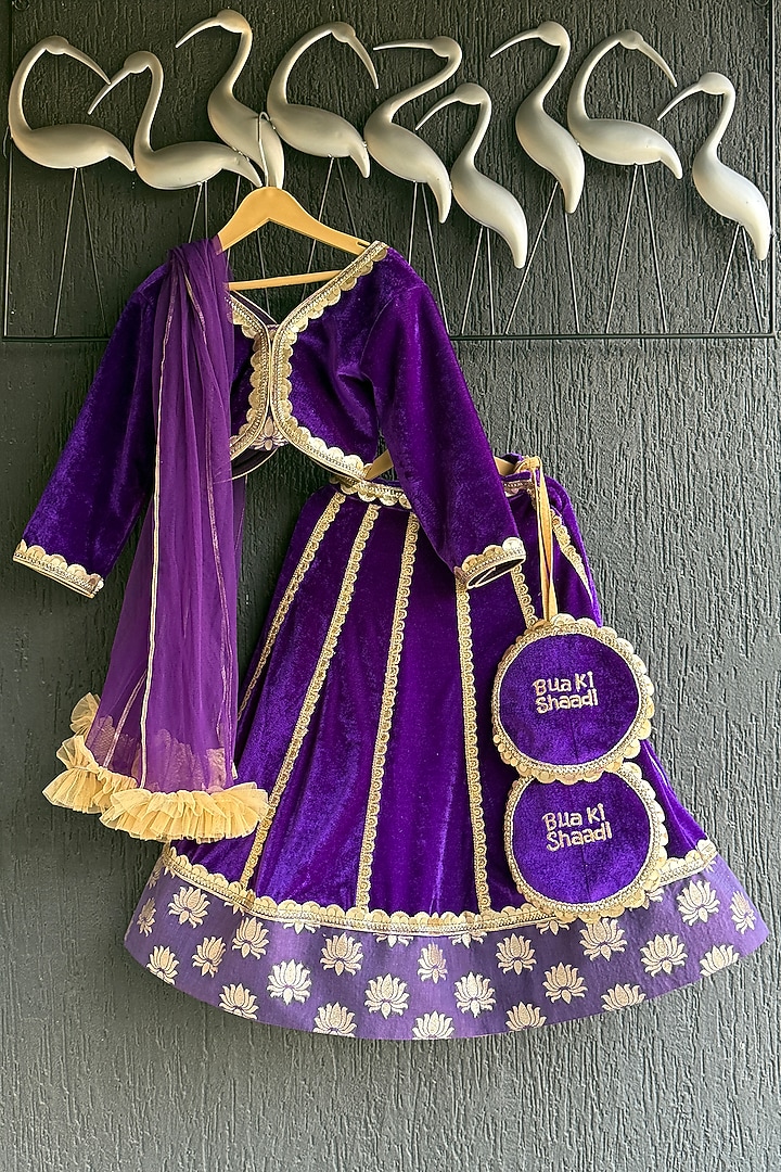 Purple Velvet Printed Lehenga Set For Girls by The little tales at Pernia's Pop Up Shop
