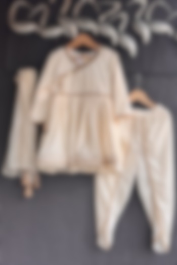 Off-White Velvet Angrakha Kurta Set For Girls by The little tales at Pernia's Pop Up Shop